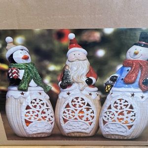 NWT Ceramic Snowman, Santa, Penguin Holiday Tealight Trio